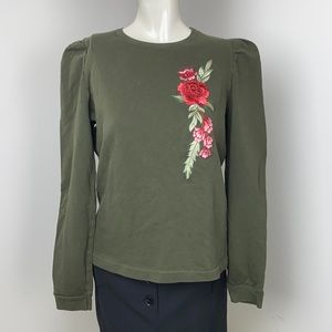 Zara Olive Green Long Sleeve Top with Red Floral Embroidery